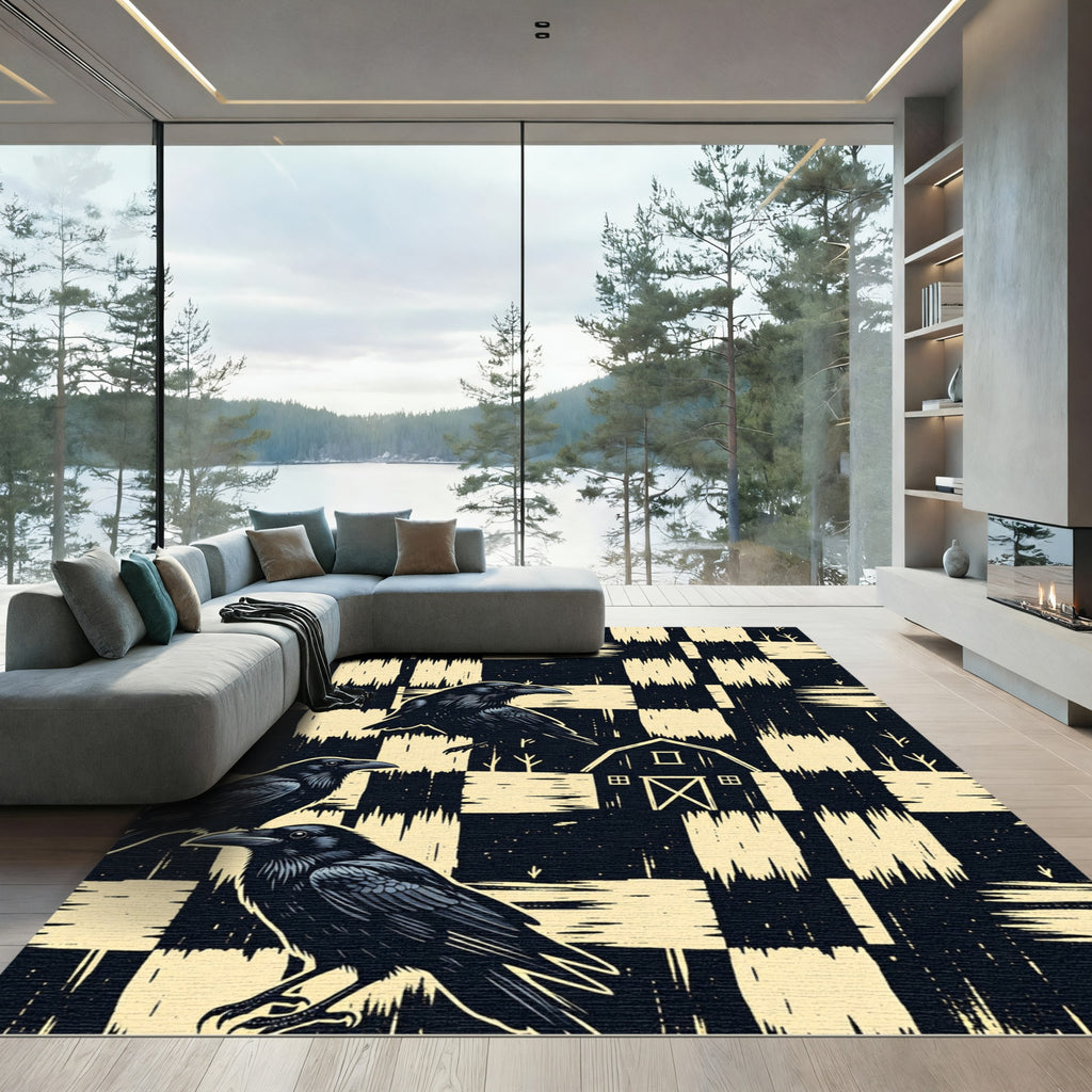 Gothic Raven Barn Checkered Black Ivory Rug