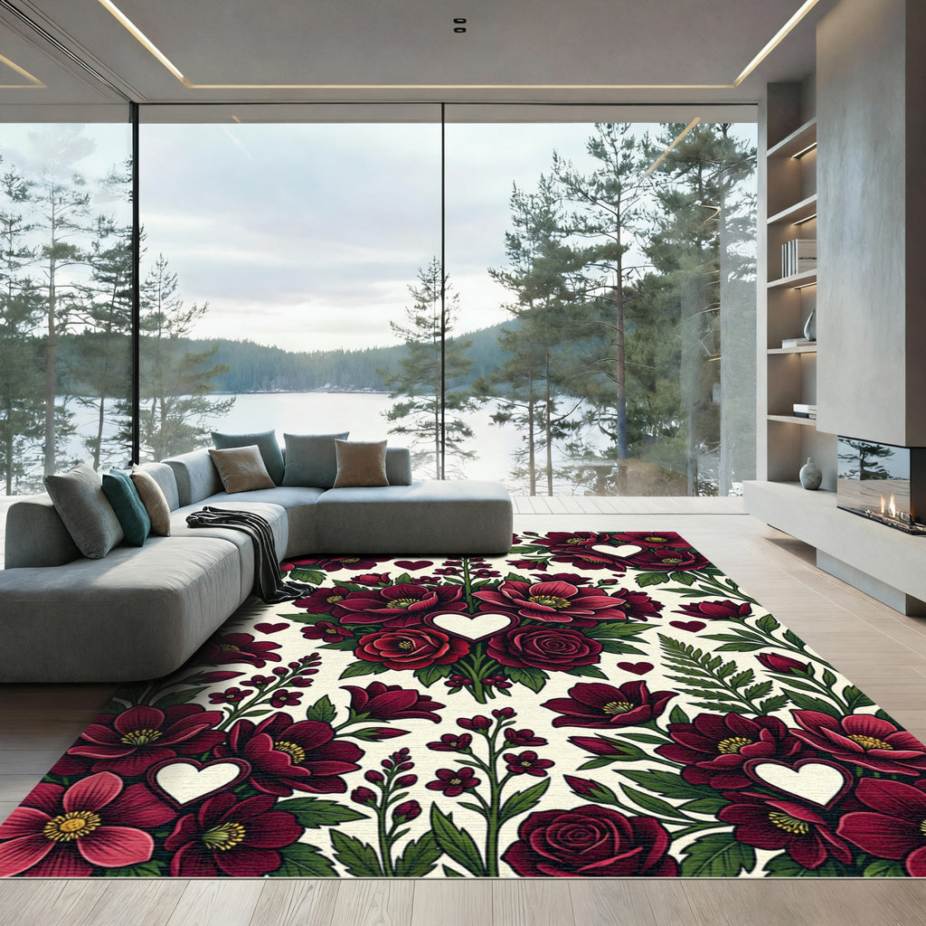 Crimson Floral Heart Medley Rug
