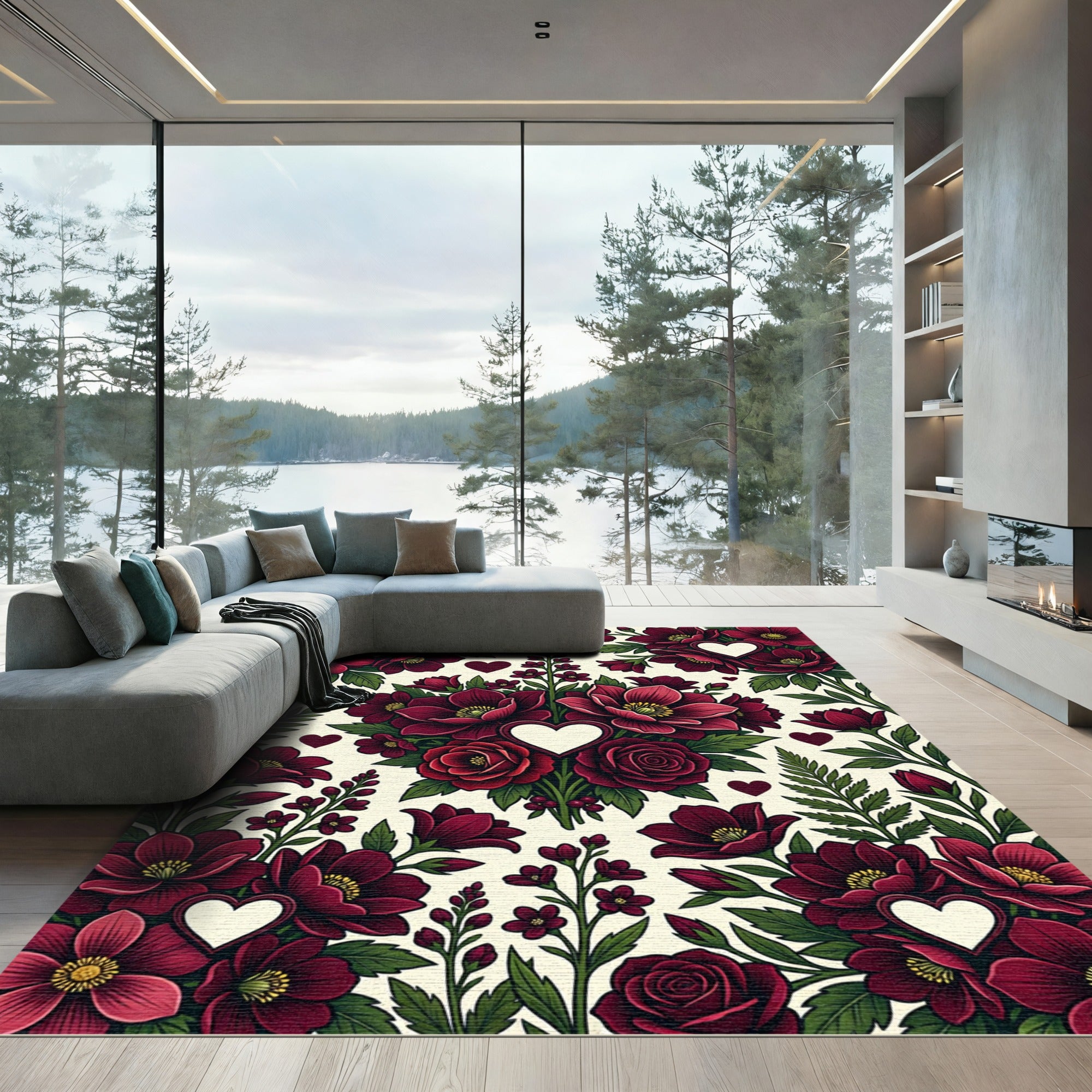 Crimson Floral Heart Medley Rug