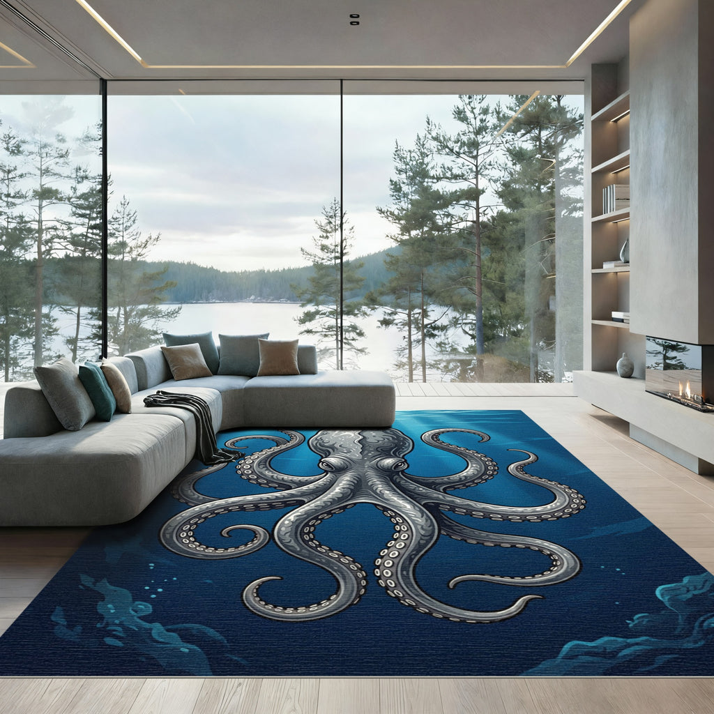 Intricate Metallic Silver Octopus Oceanic Art Rug