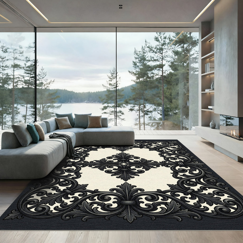 Ornate Black Scrollwork Damask Border Rug