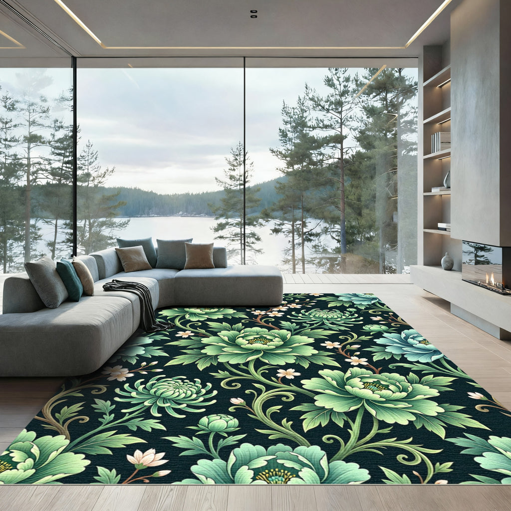Emerald Green Floral Scroll Rug