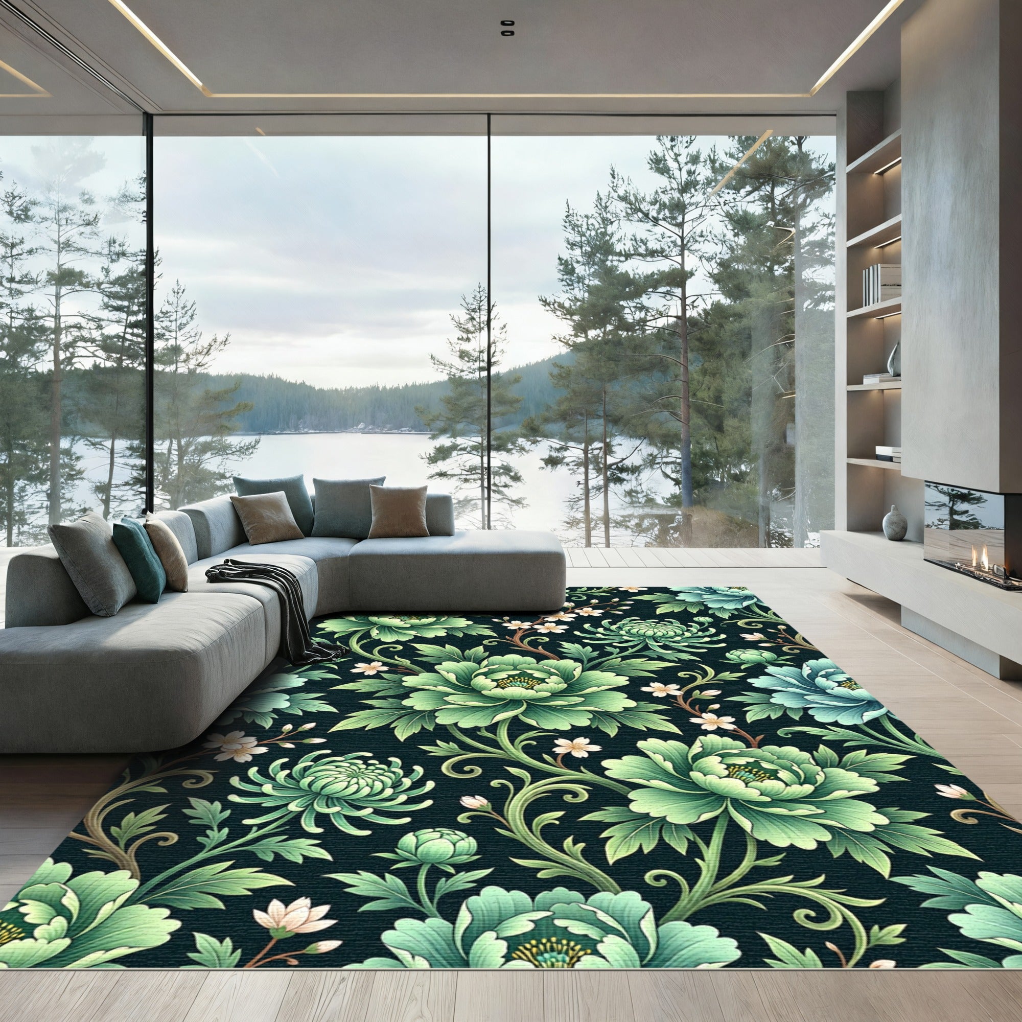 Emerald Green Floral Scroll Rug