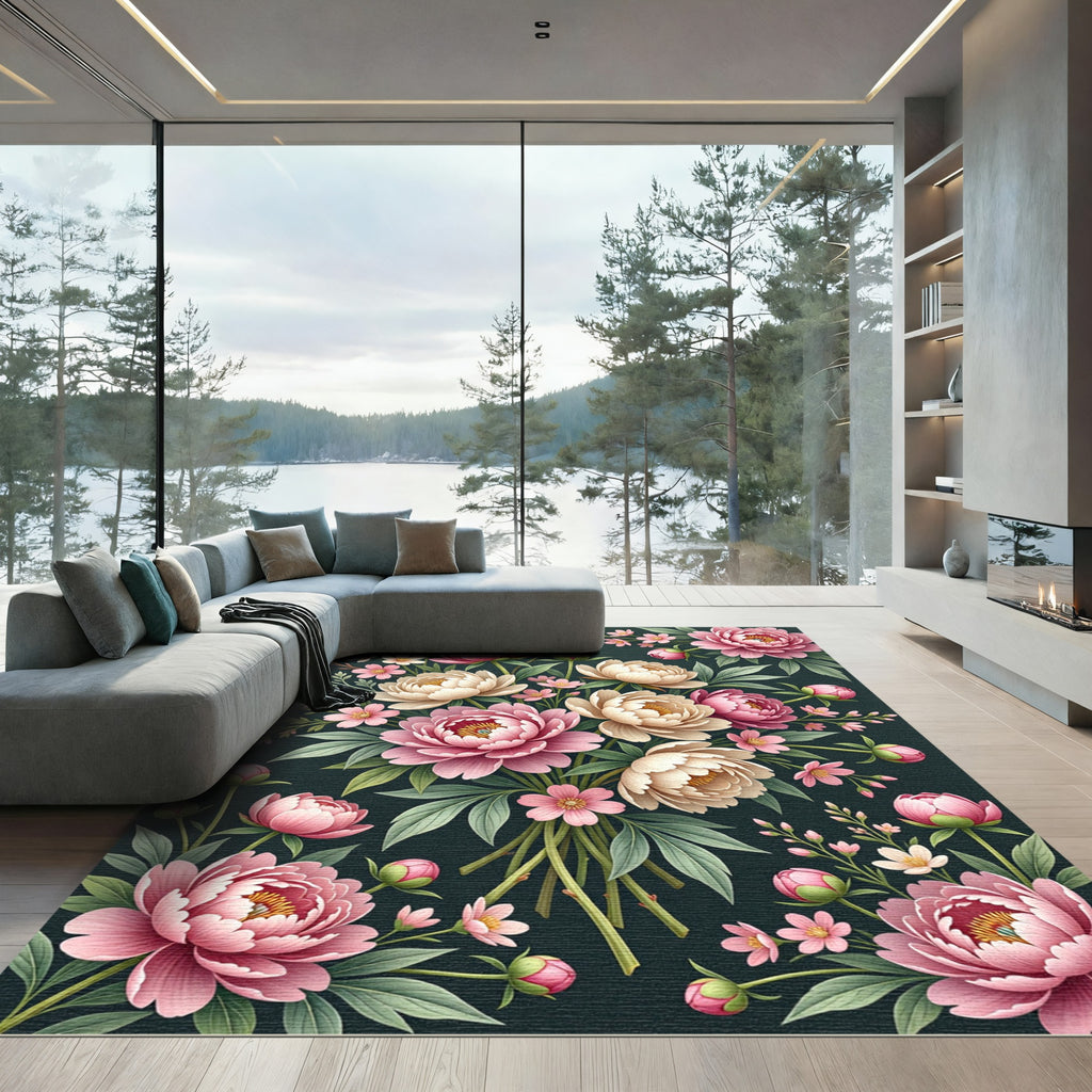 Elegant Pink Peony Botanical Bouquet Rug