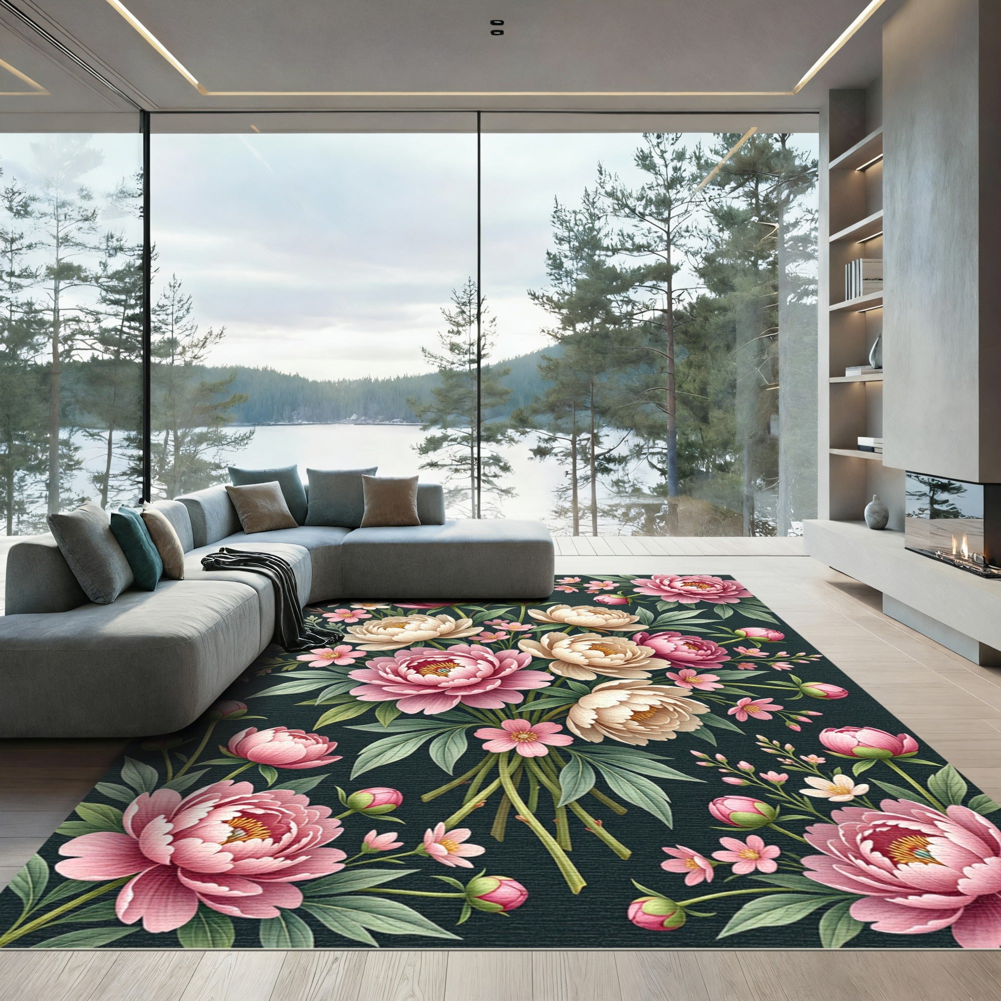 Elegant Pink Peony Botanical Bouquet Rug