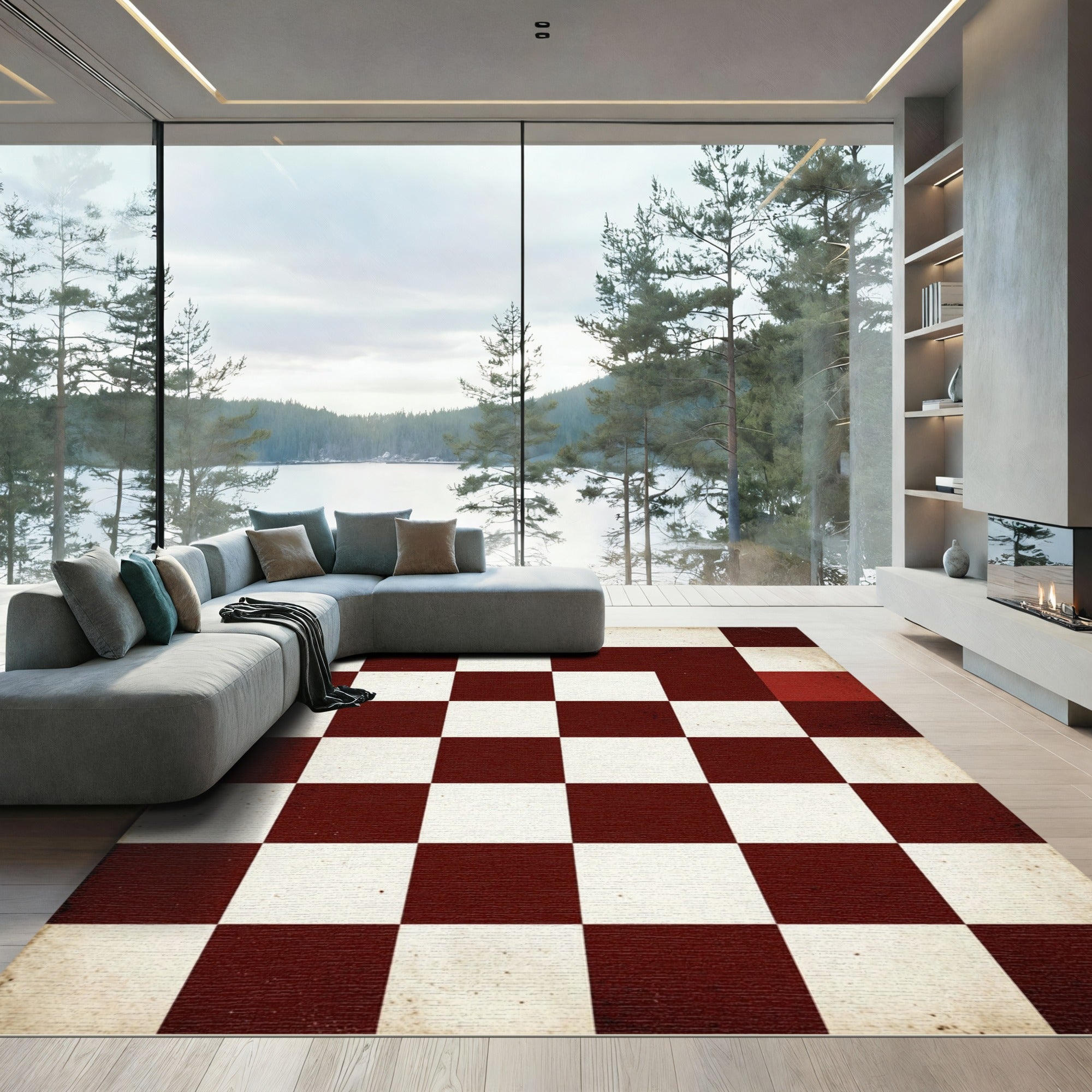 Vintage Burgundy and Cream Checkered Classic Rug