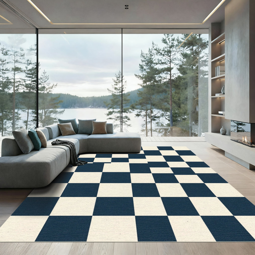 Deep Blue Cream Checkered Squares Rug