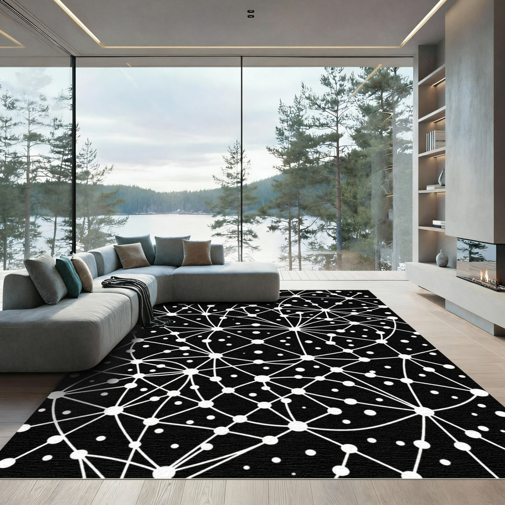 Contemporary Monochromatic Geometric Network Constellation Rug
