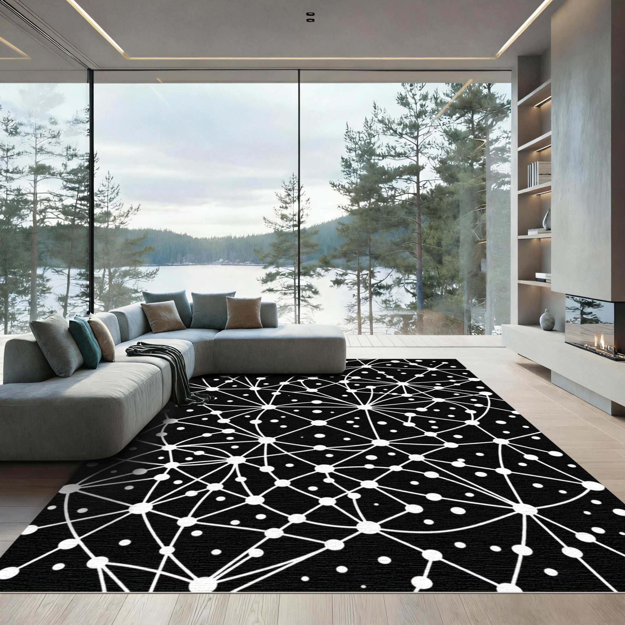 Contemporary Monochromatic Geometric Network Constellation Rug