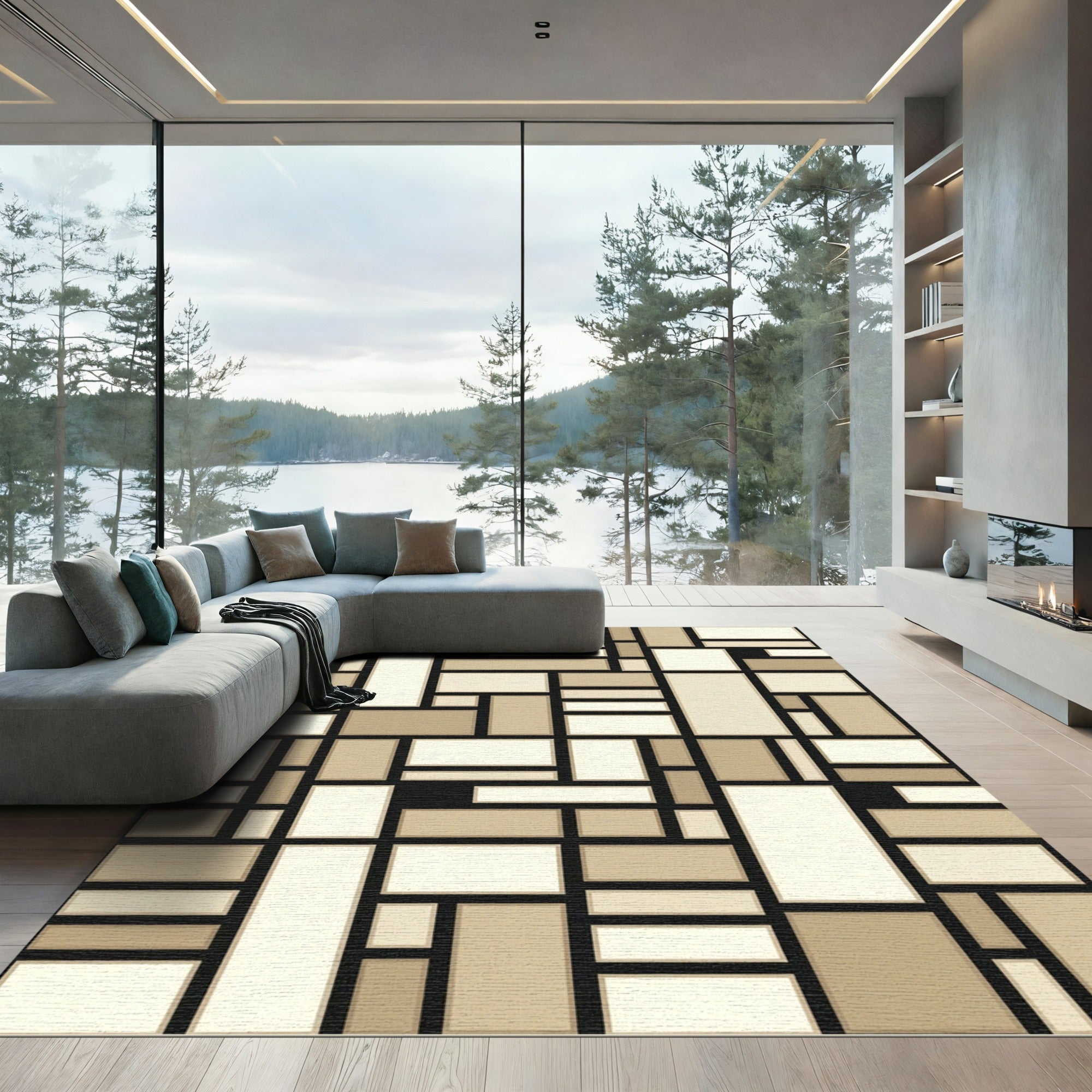 De Stijl Beige Rectangular Composition Rug