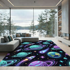 Vibrant Neon Galactic Planet Space Rug