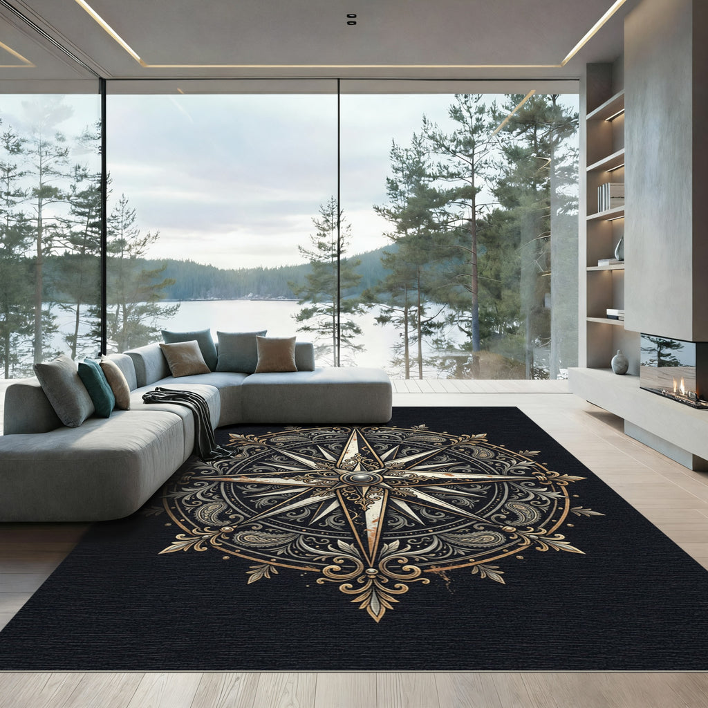 Ornate Gold Compass Medallion Floral Rug
