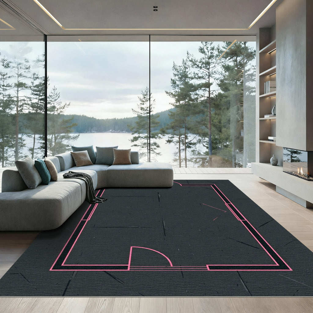 Dark Gray Pink Outline Interior Blueprint Rug