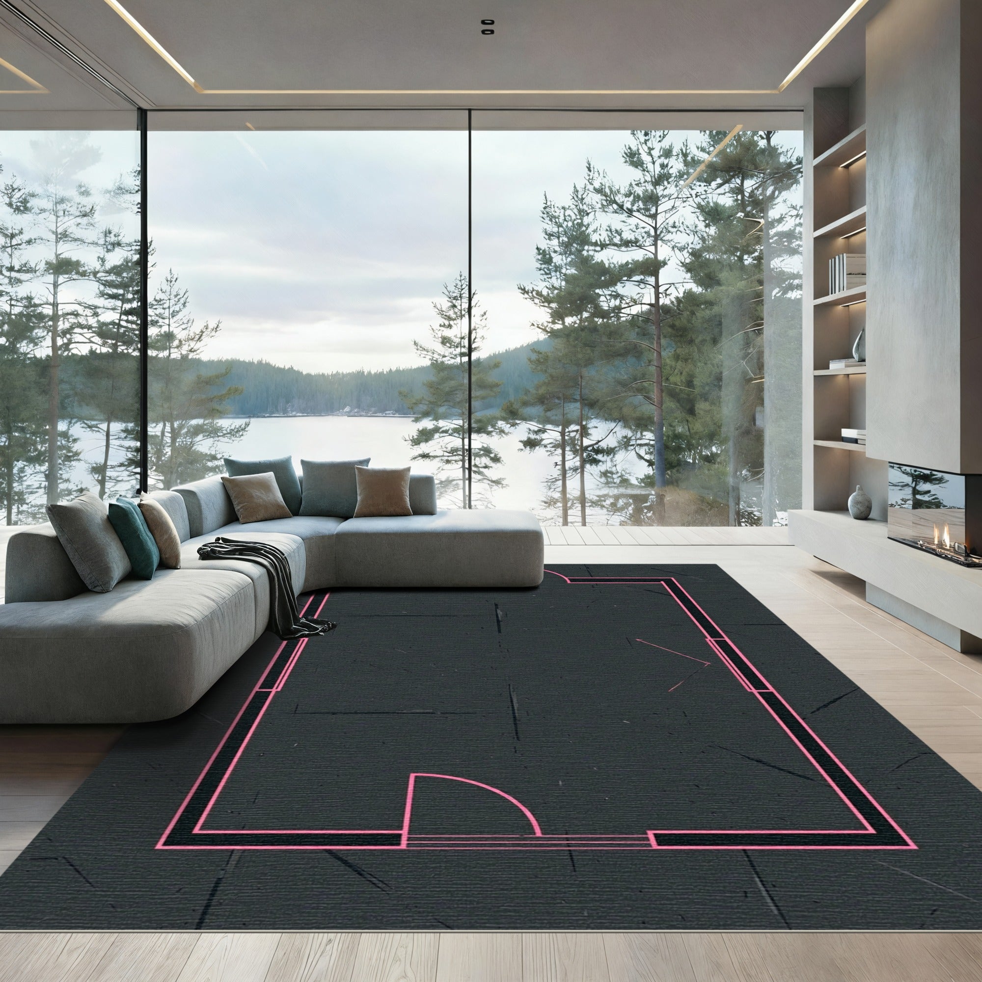 Dark Gray Pink Outline Interior Blueprint Rug