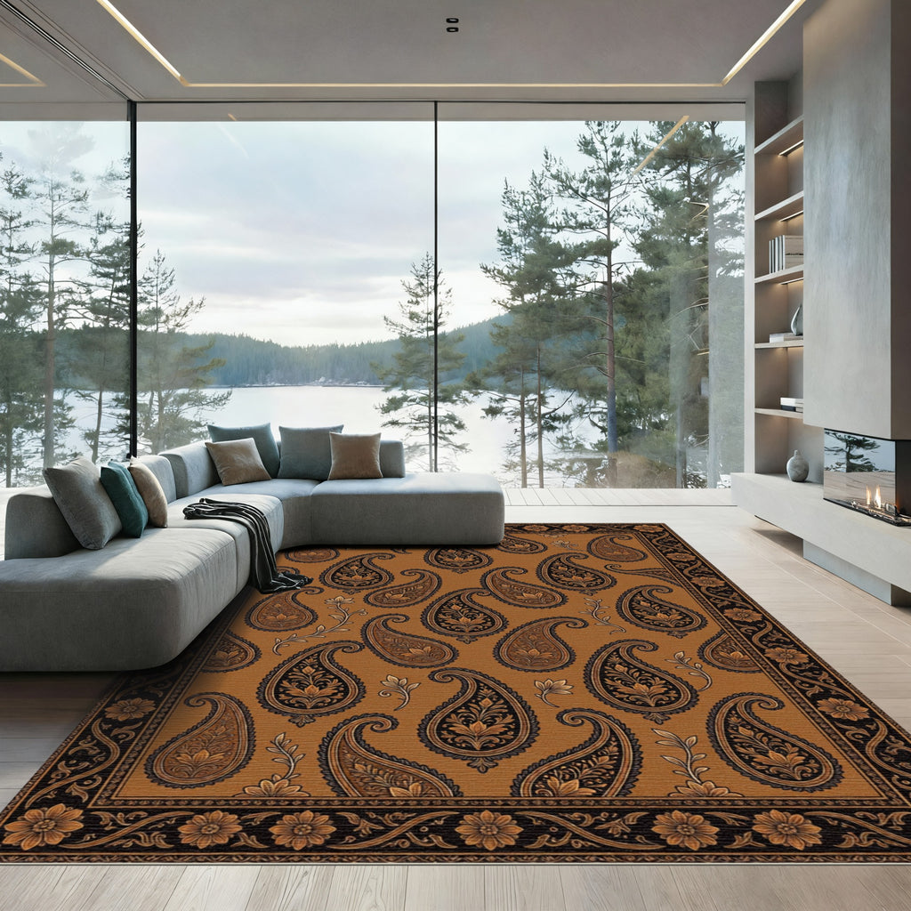 Rich Brown Paisley Floral Border Rug