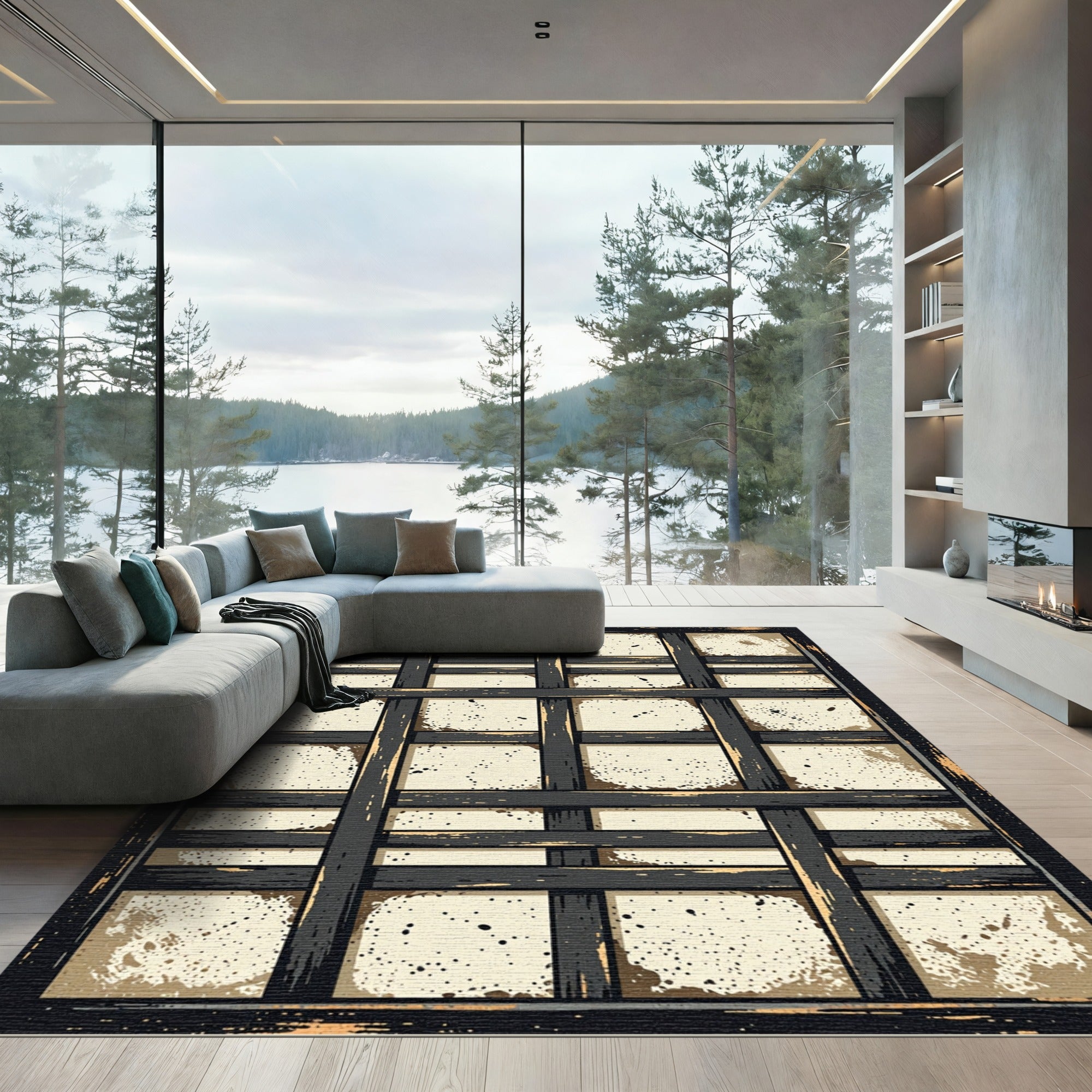 Distressed Charcoal Grid Plaid Rug