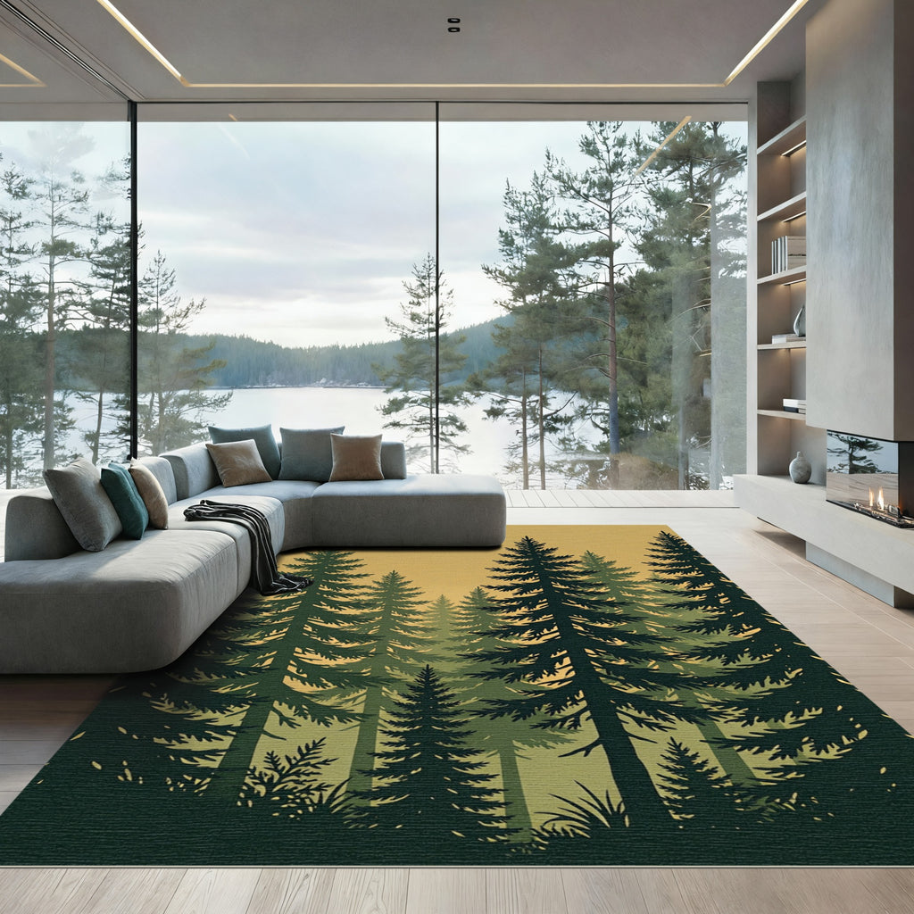 Earthy Golden Forest Pine Silhouette Rug