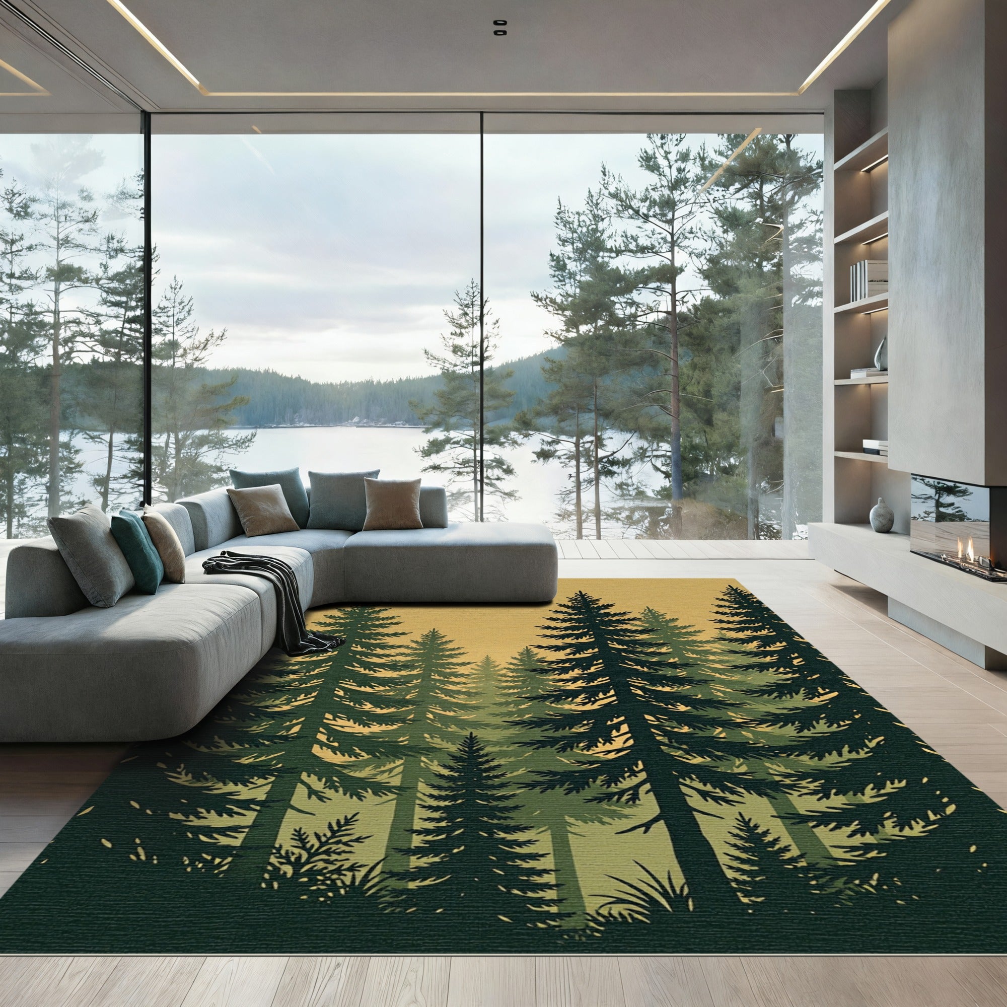 Earthy Golden Forest Pine Silhouette Rug