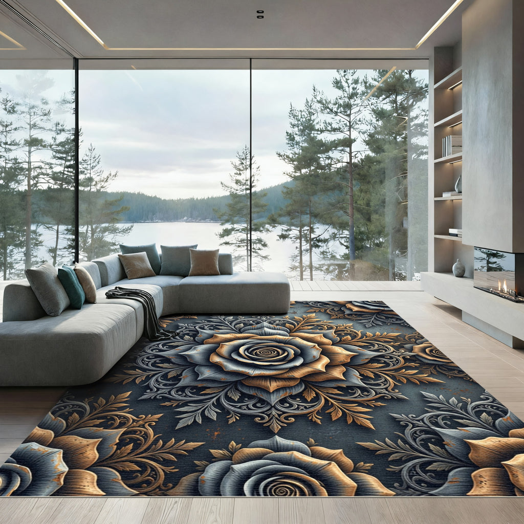 Metallic Gold and Slate Rose Medallion Rug