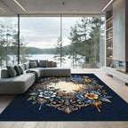 Golden Ornate Blue Yellow Floral Frame Rug