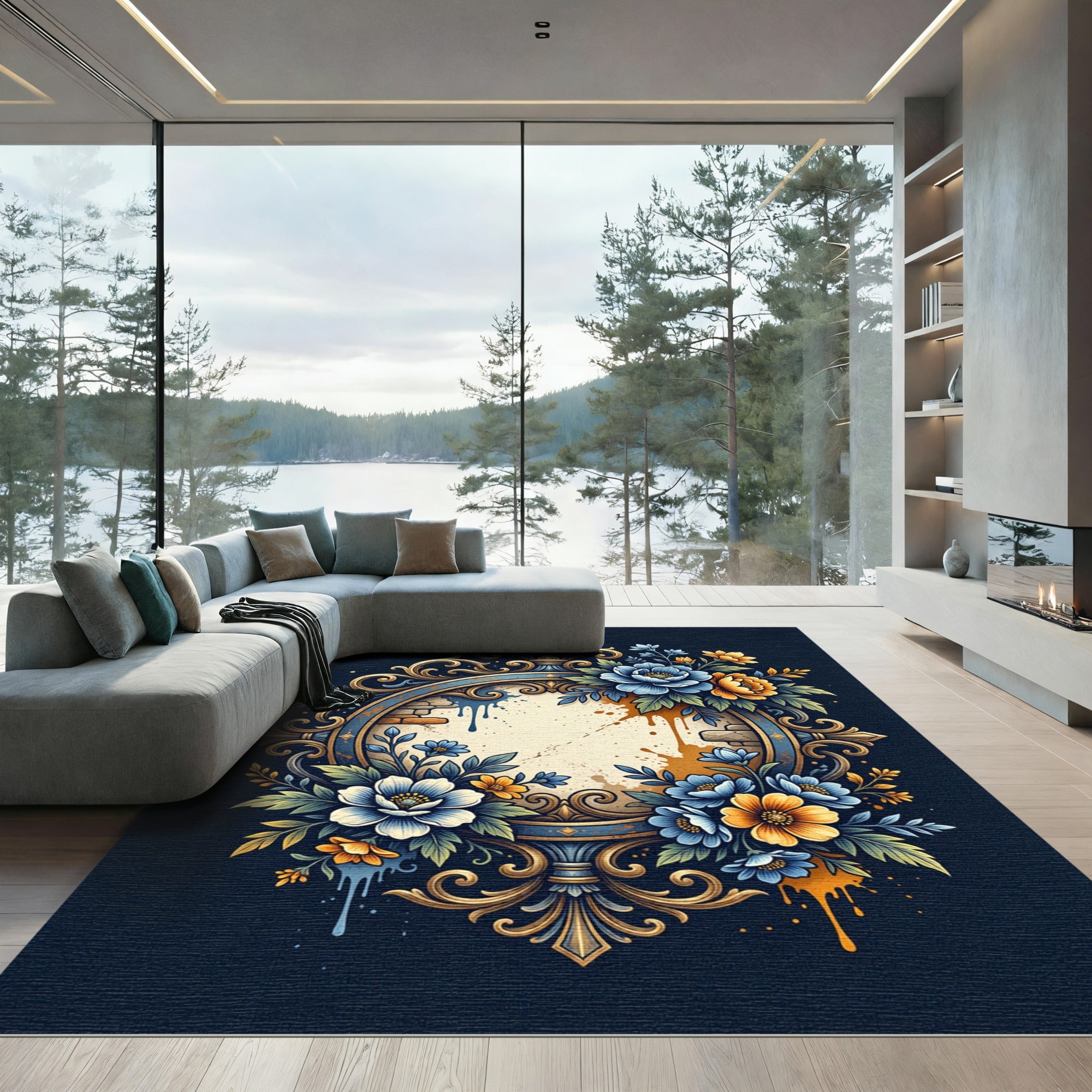 Golden Ornate Blue Yellow Floral Frame Rug