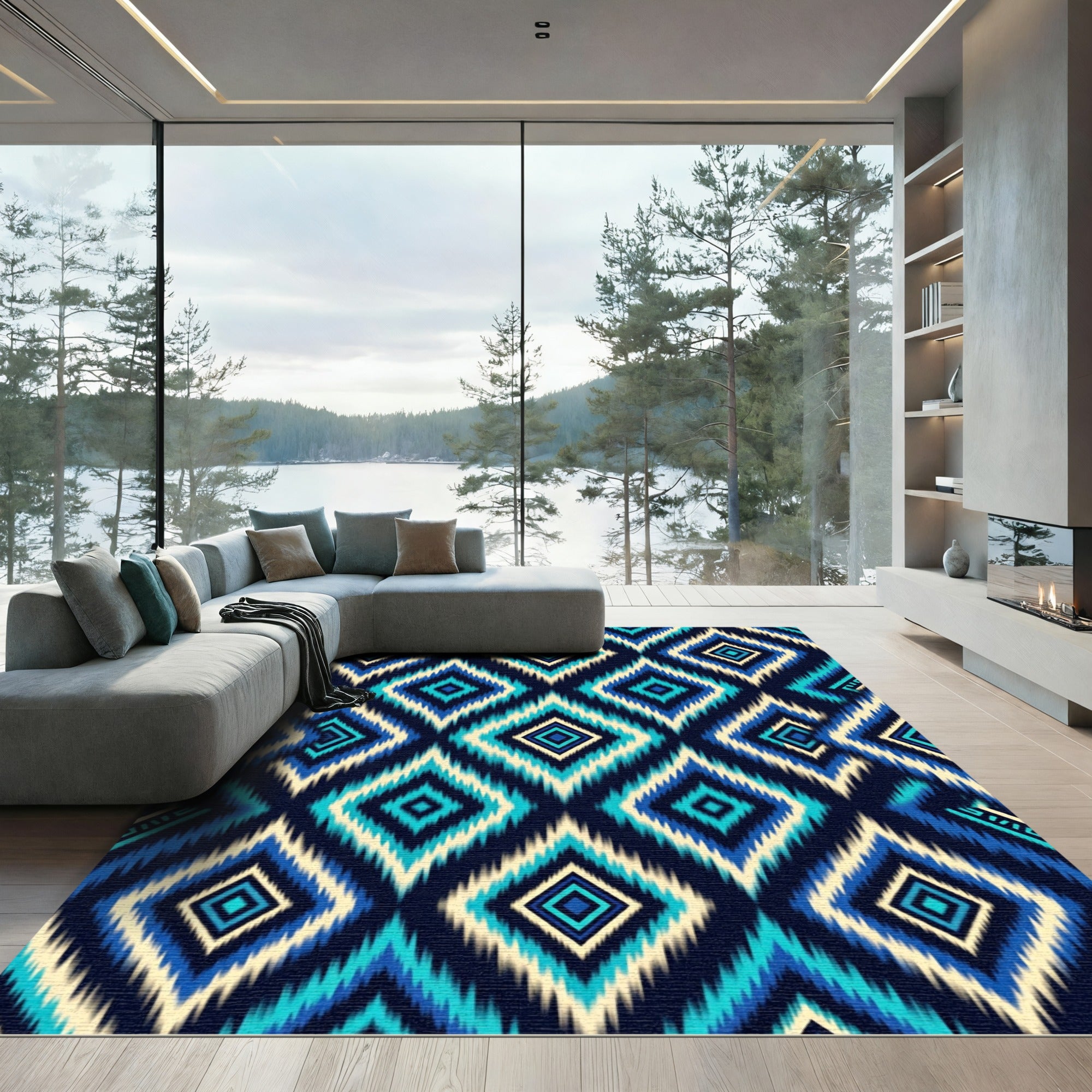 Vibrant Blue Geometric Ikat Diamond Rug