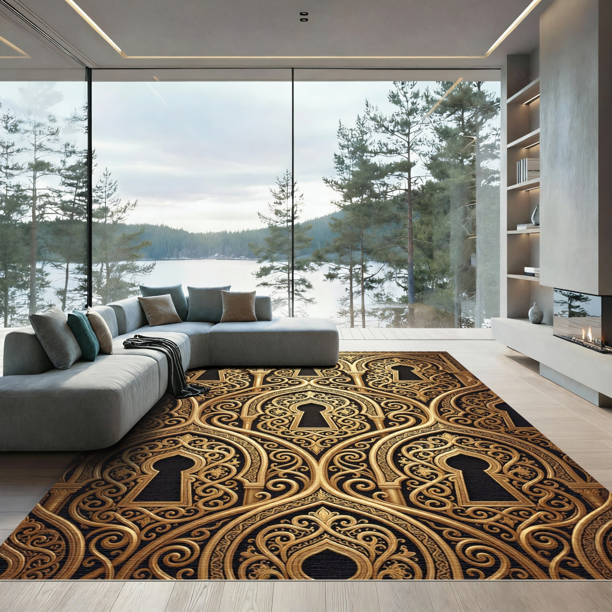 Ornate Golden Arch Filigree Arabesque Rug