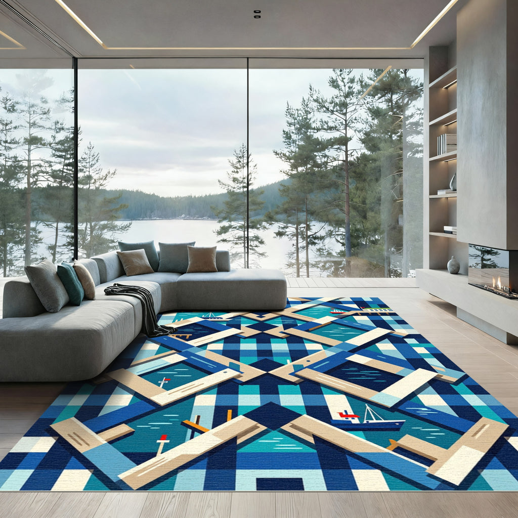 Geometric Nautical Blue Harbor Landscape Rug