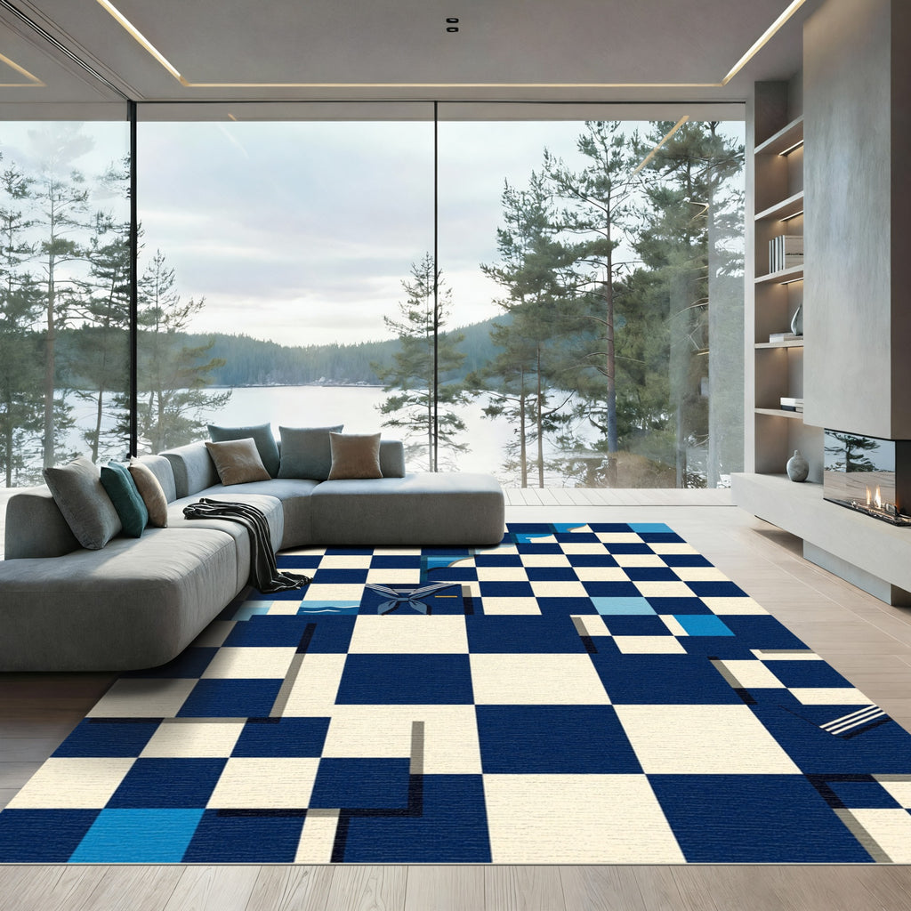 Deep Blue Checkerboard Sailor Collar Rug