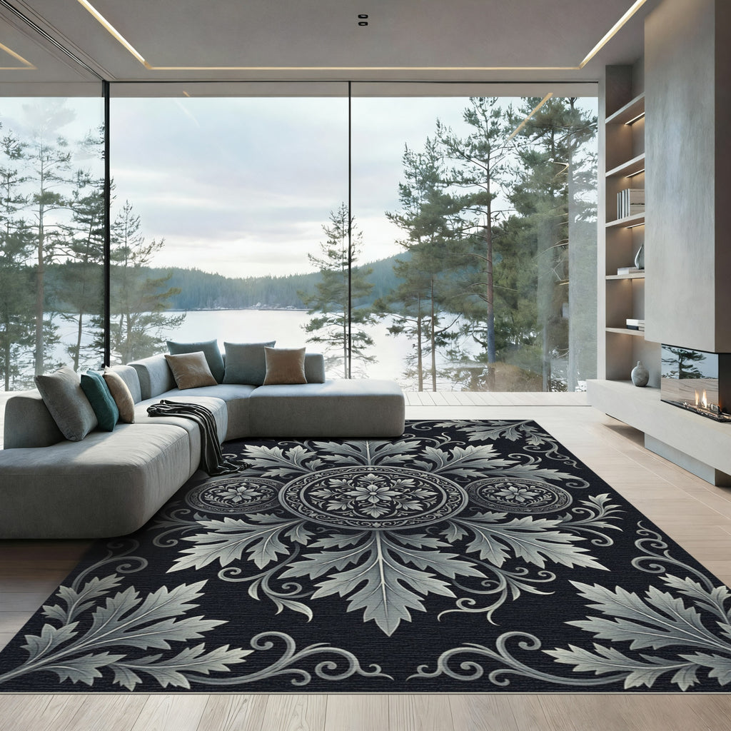 Elegant Silver Foliage Medallion Monochromatic Rug