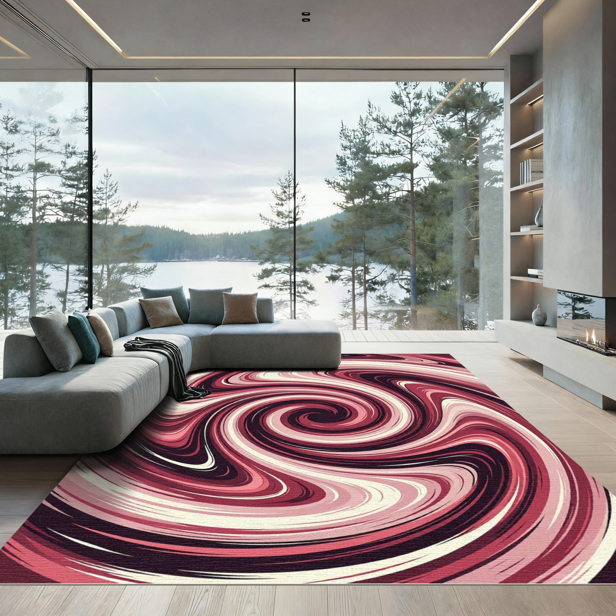 Burgundy and Cream Swirling Vortex Rug