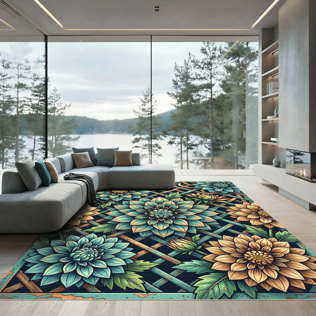 Teal and Gold Botanical Dahlia Lattice Rug