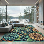 Teal and Gold Botanical Dahlia Lattice Rug