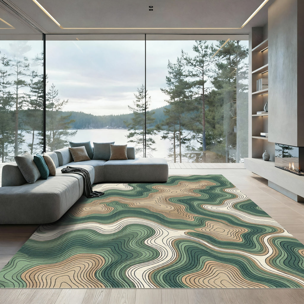 Earthy Green Topographic Contour Map Rug