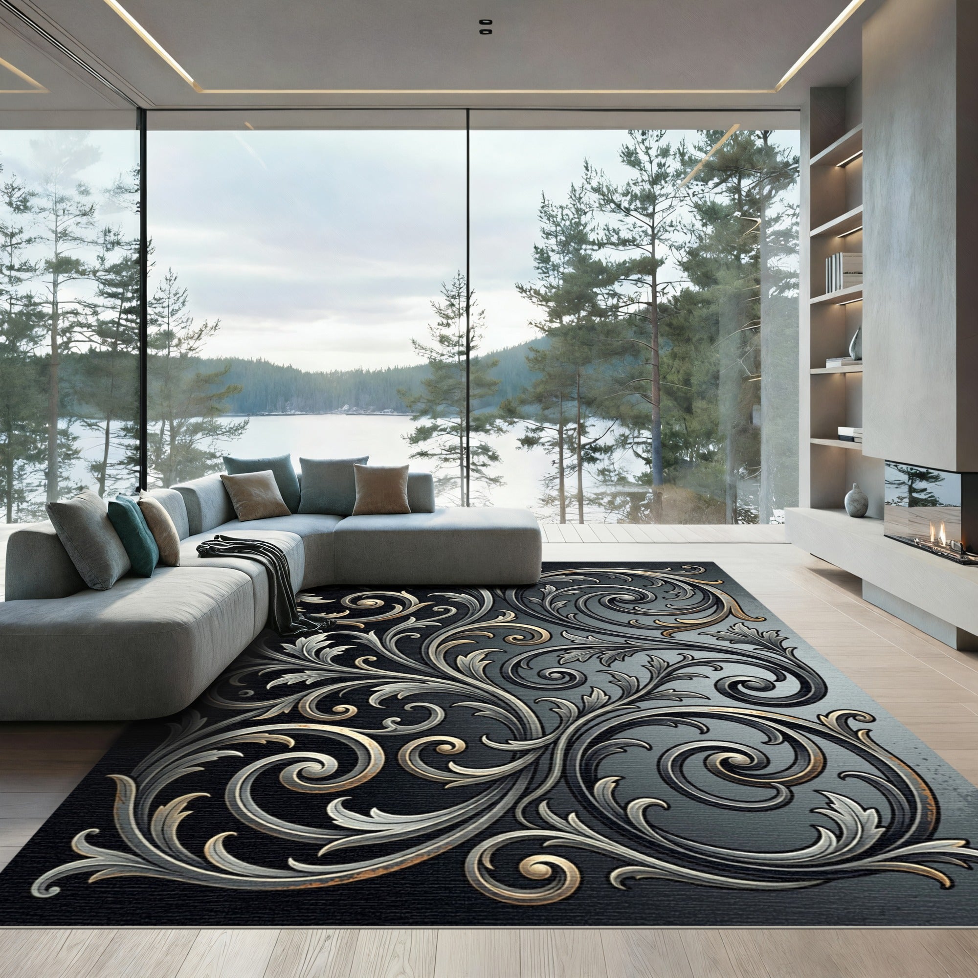 Ornate Metallic Silver Scrollwork Rug