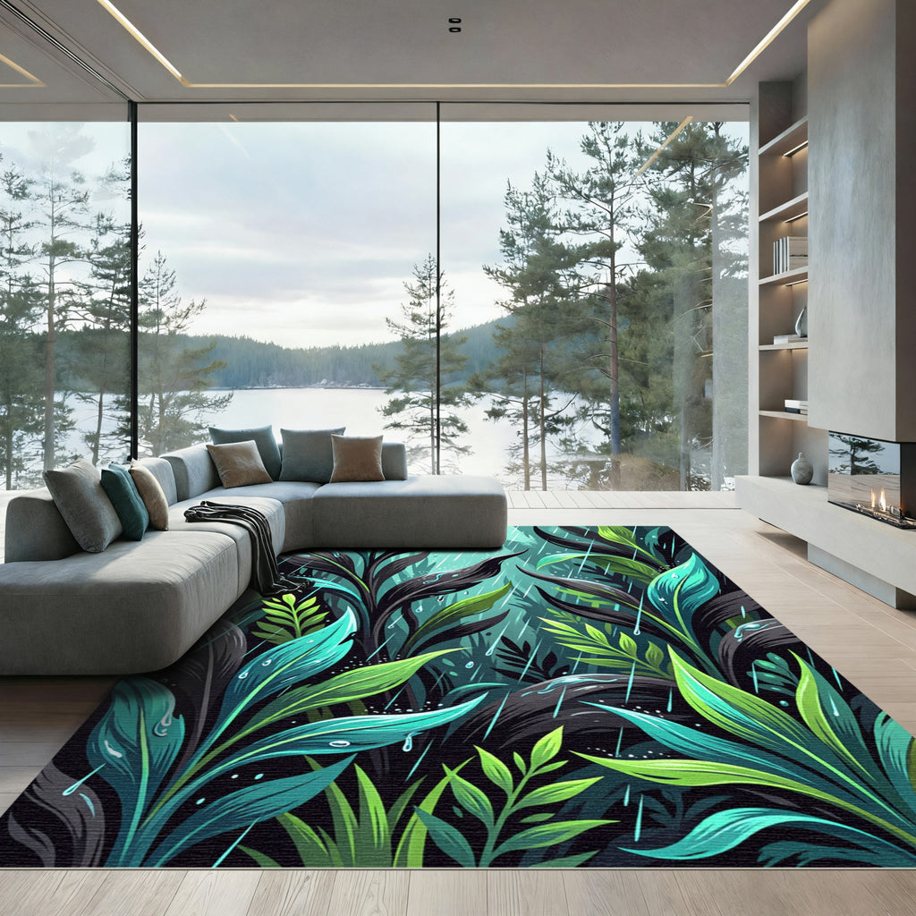 Lush Teal Tropical Rain Foliage Rug