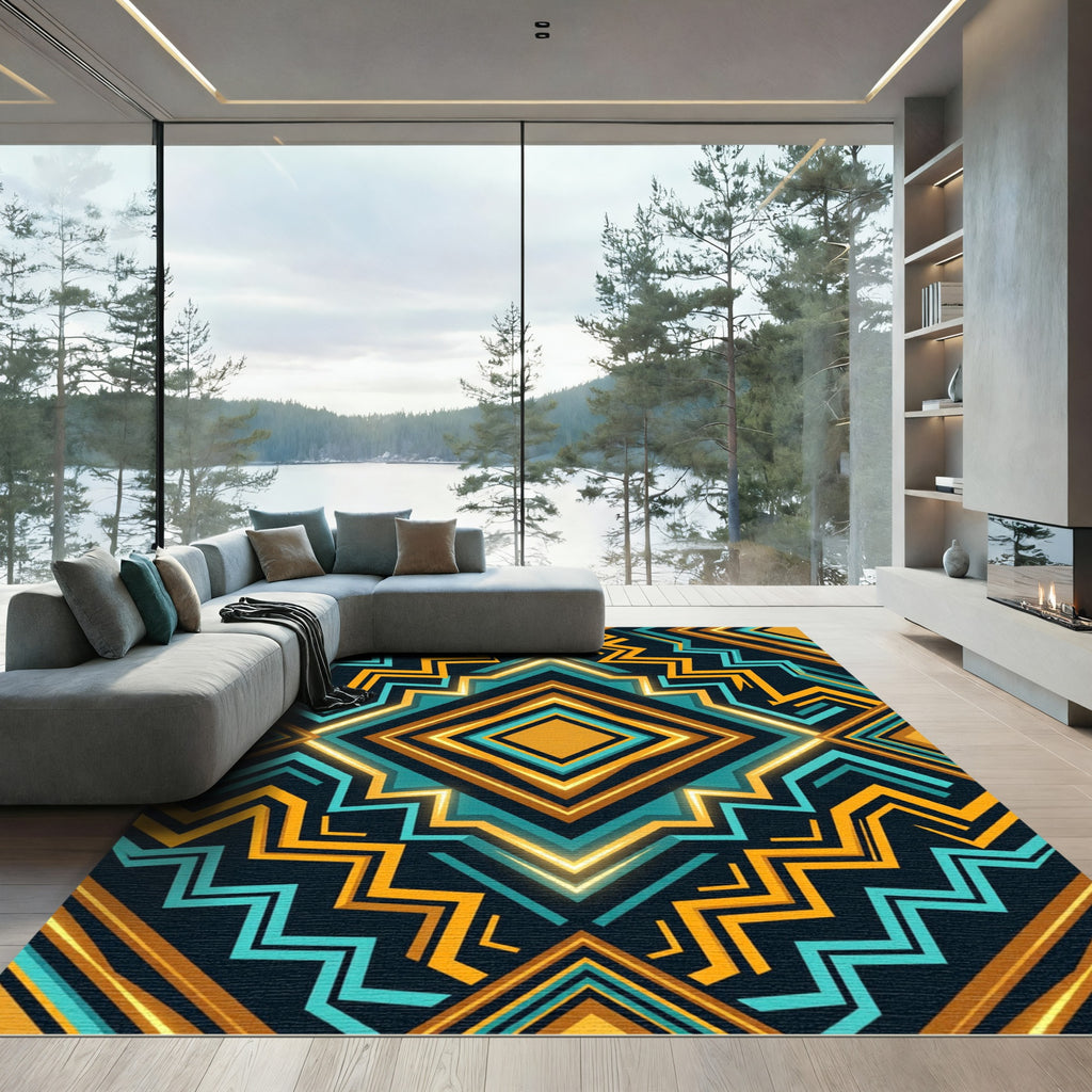 Bold Geometric Teal Gold Diamond Rug