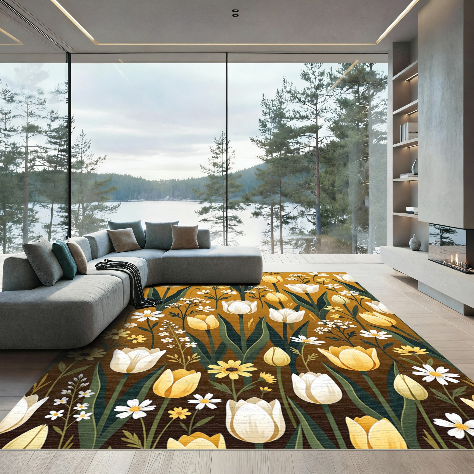 Golden Tulip and Daisy Meadow Botanical Rug
