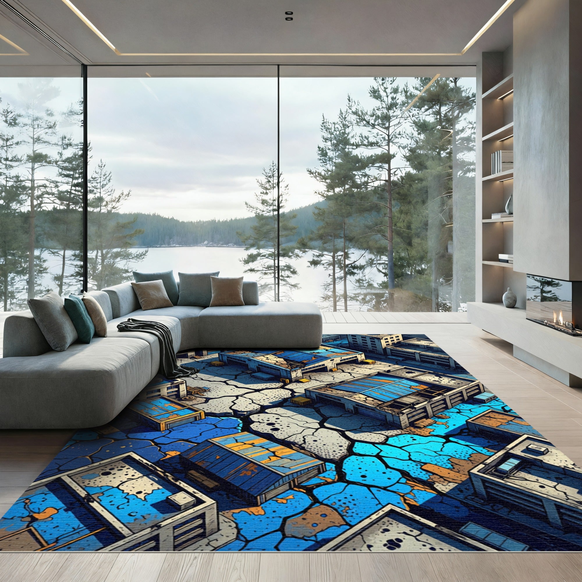 Urban Blue Cracked Industrial Landscape Rug