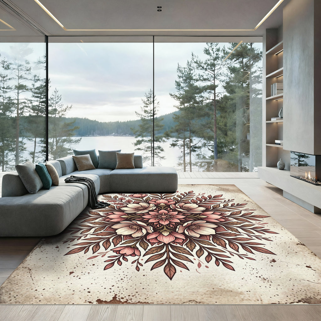 Vintage Pink Floral Mandala Arrangement Rug
