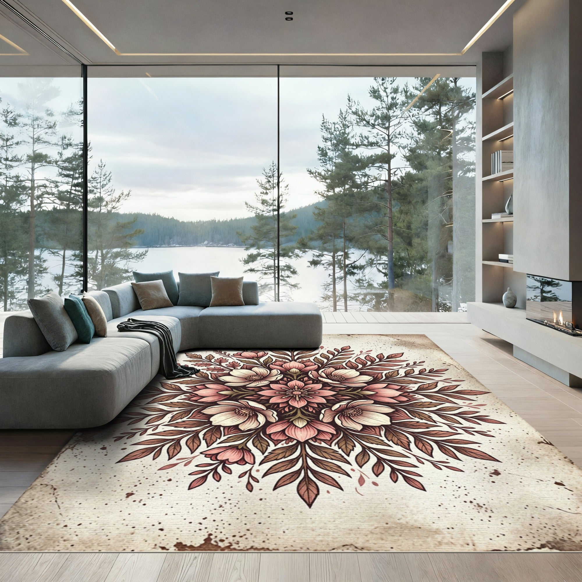 Vintage Pink Floral Mandala Arrangement Rug