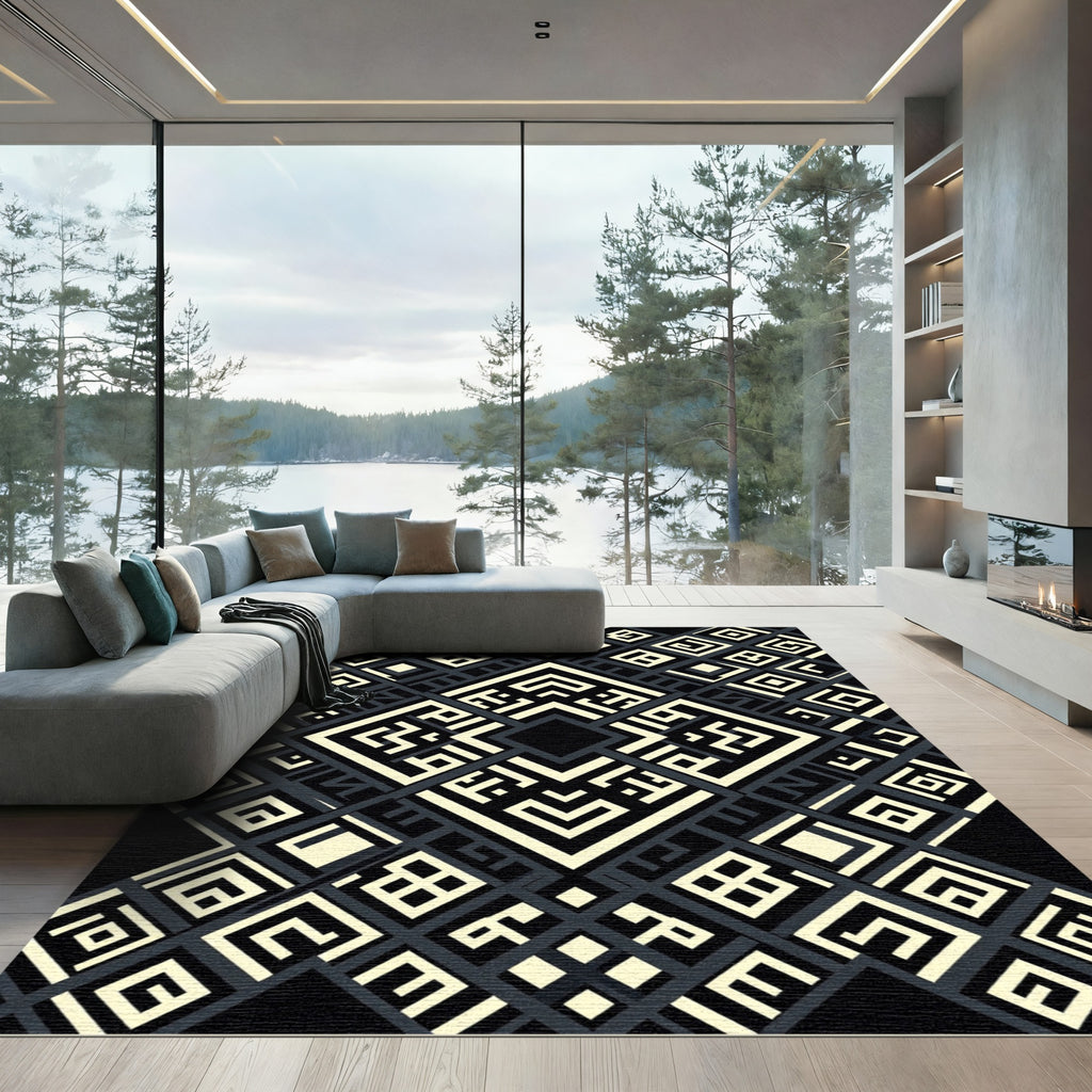 Monochrome Geometric Maze Diamond Square Rug