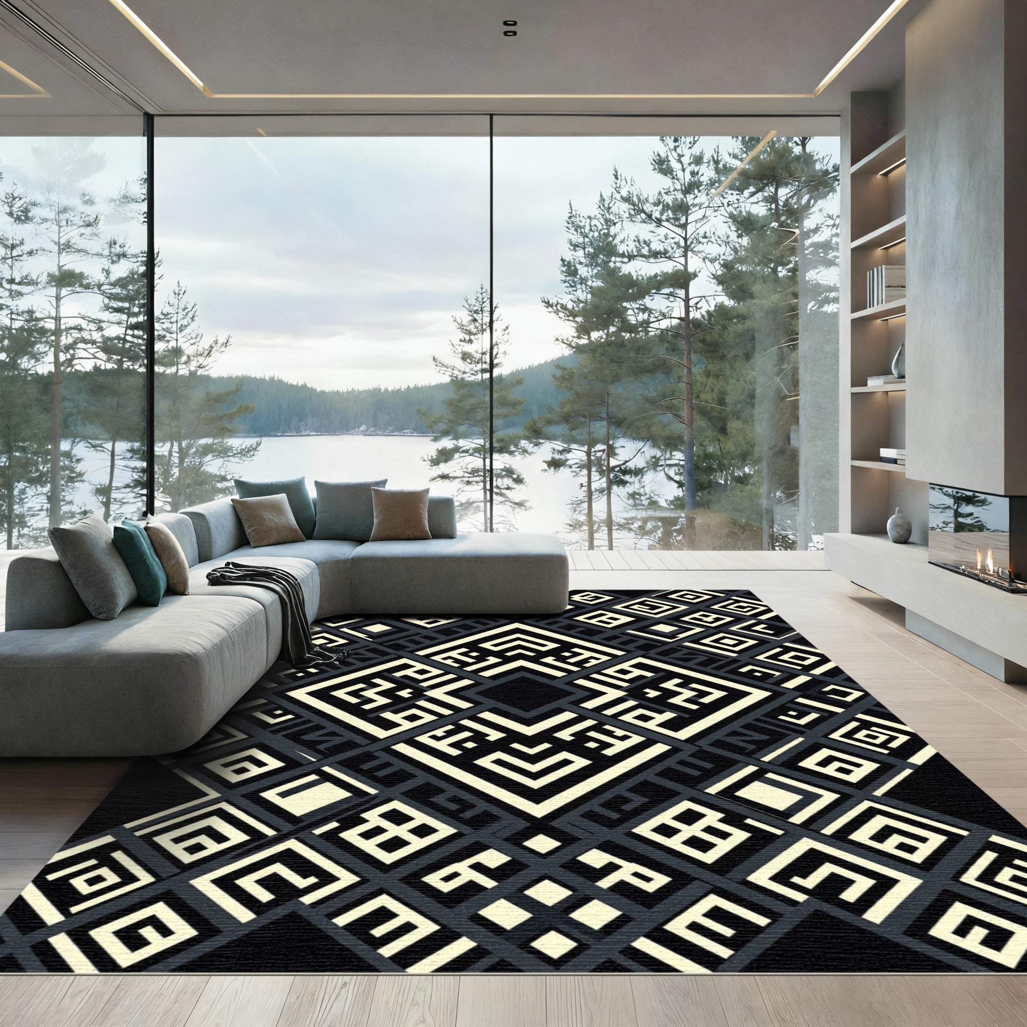 Monochrome Geometric Maze Diamond Square Rug