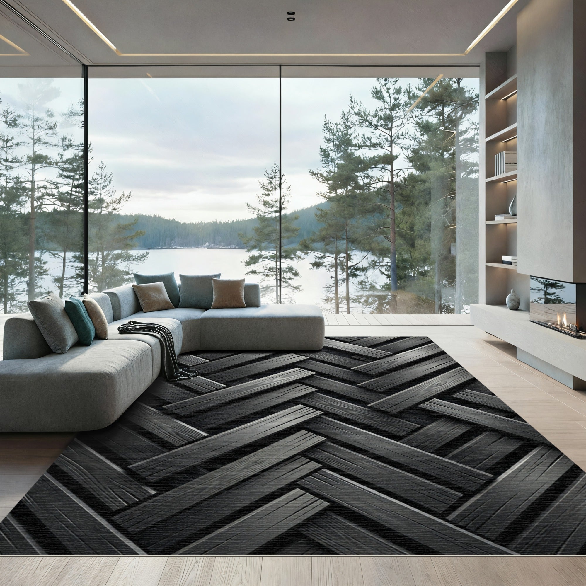 Monochromatic Charcoal Herringbone Slatted Plank Rug