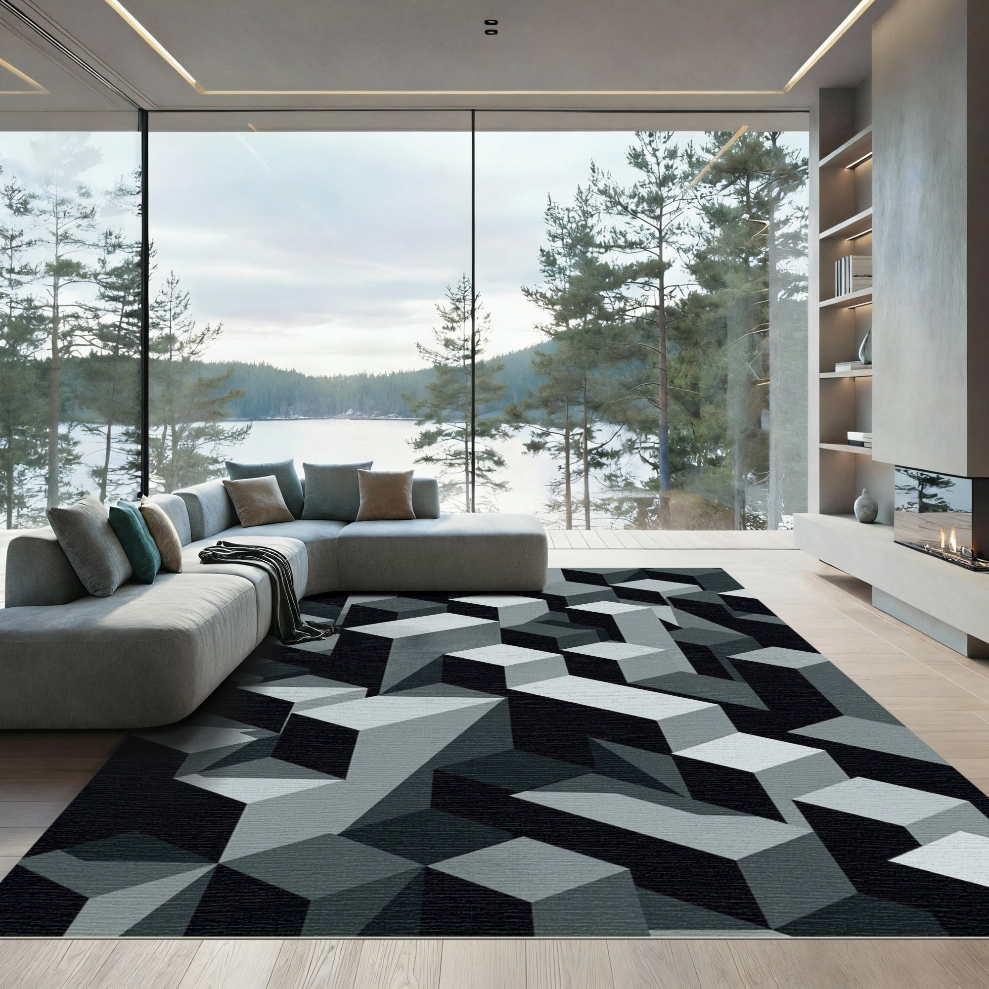 Monochrome Isometric Geometric Block Abstract Rug