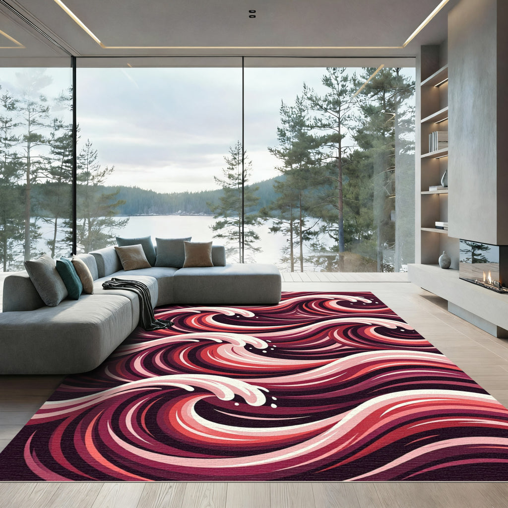 Crimson Abstract Swirling Wave Accent Rug