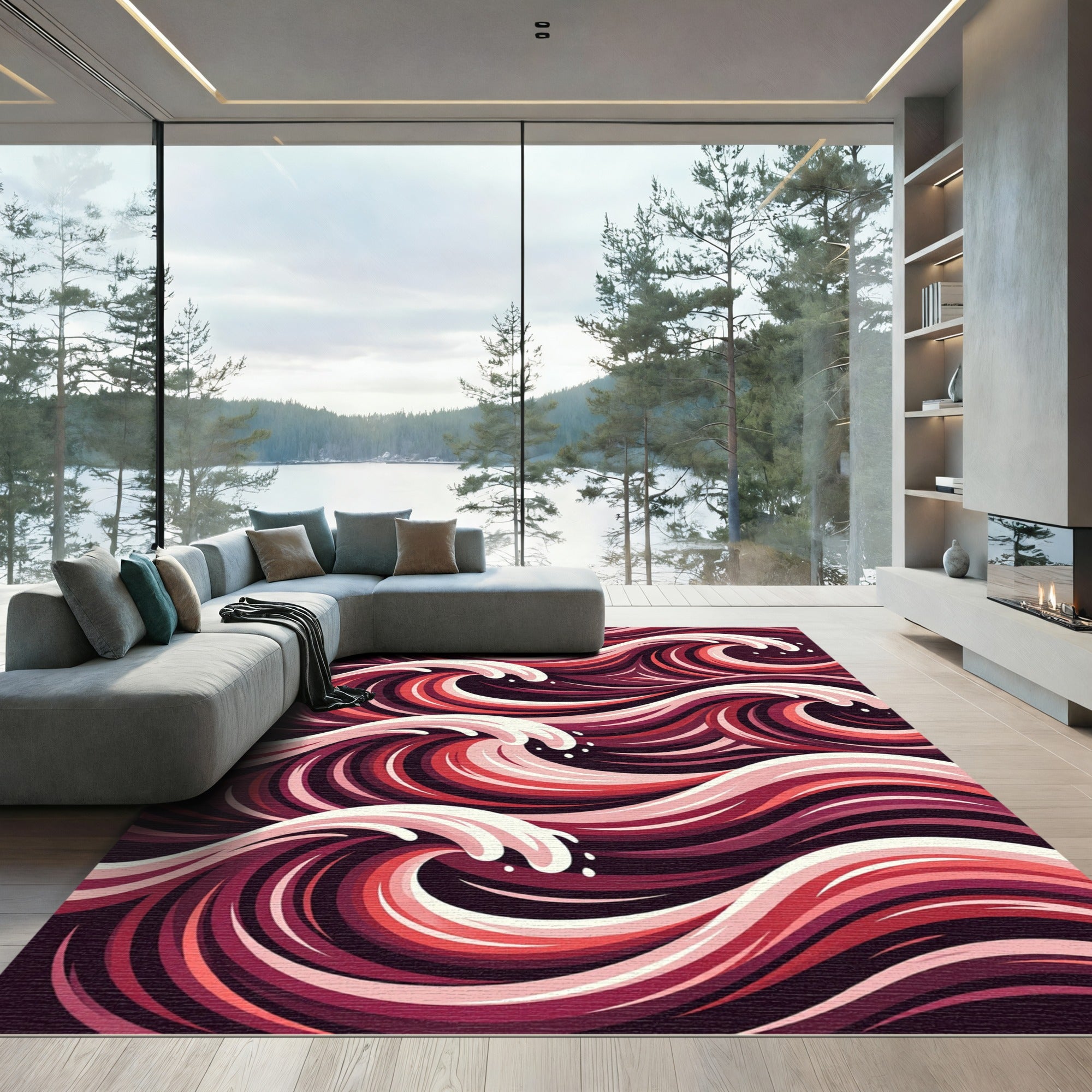 Crimson Abstract Swirling Wave Accent Rug