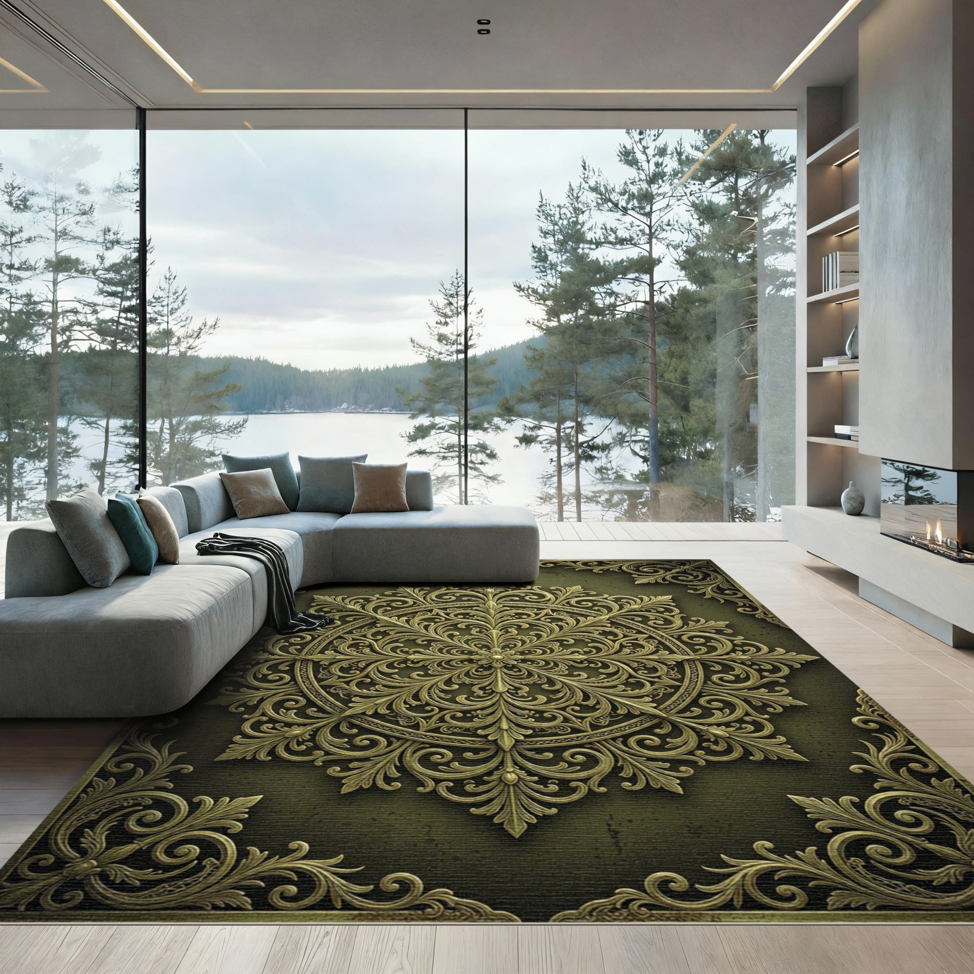 Ornate Olive Golden Filigree Scroll Medallion Rug