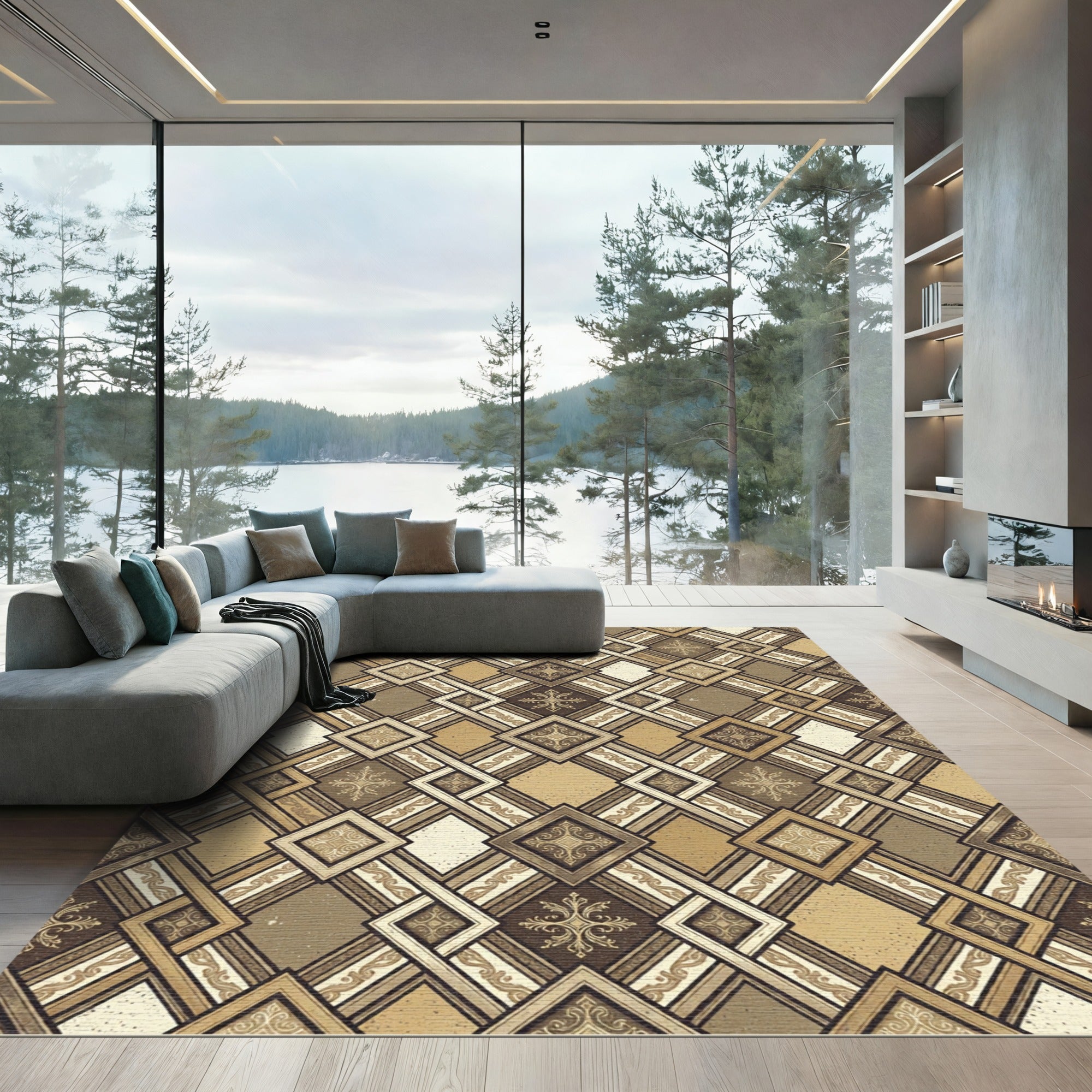 Elegant Brown Geometric Diamond Lattice Rug