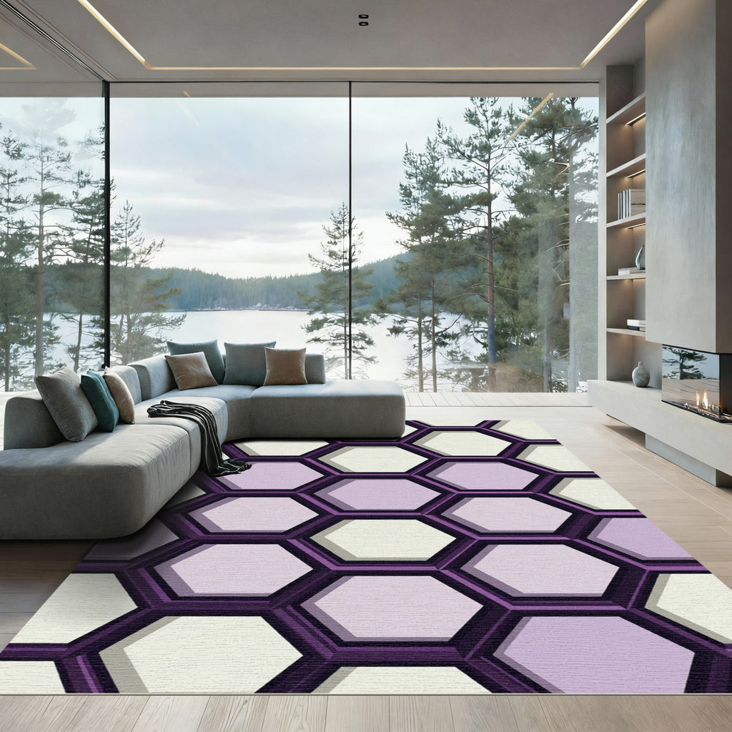 Modern Purple and Cream Hexagon Geometric Rug